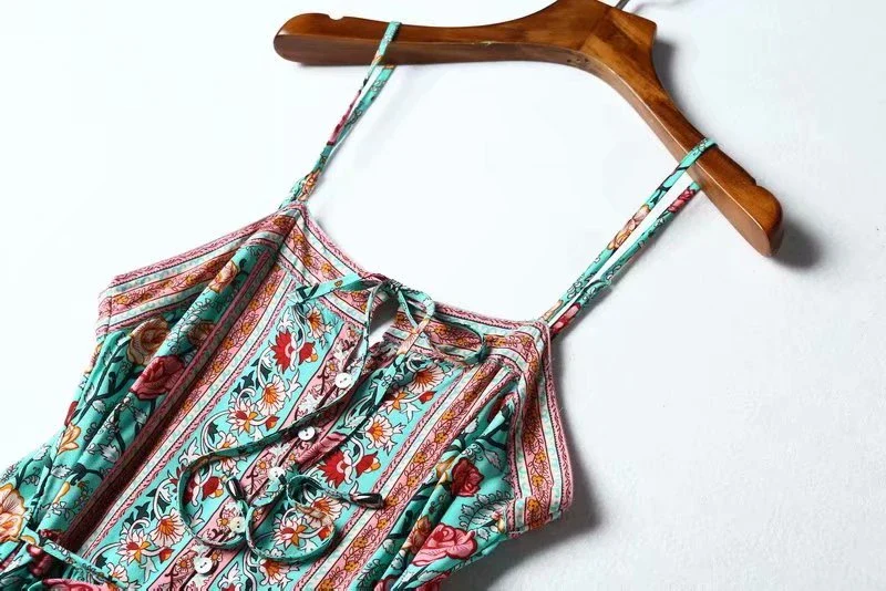 Ocean Jewel Boho Floral Print Midi Dress