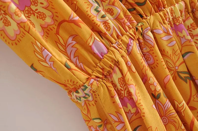 Golden Daffodil Boho Floral Print Mini Dress