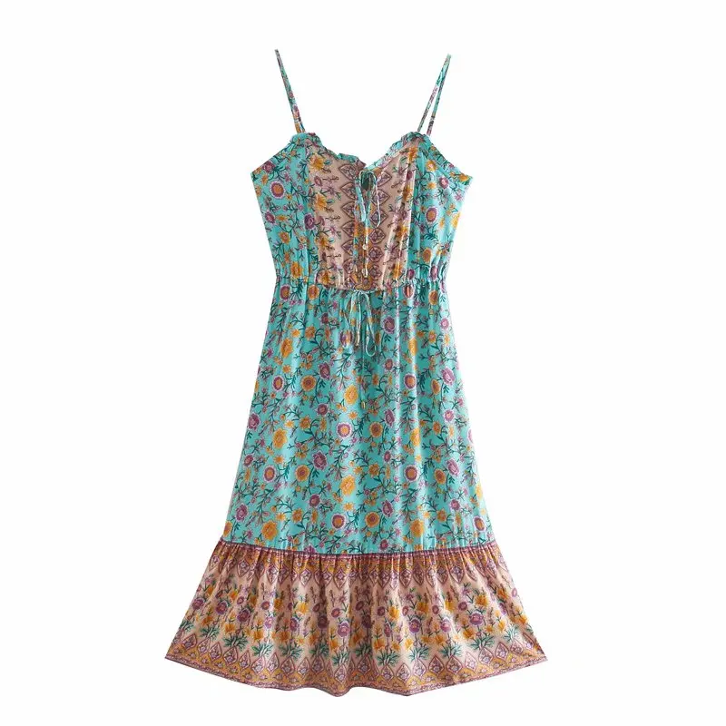 Teal Bloom Boho Floral Print Midi Dress