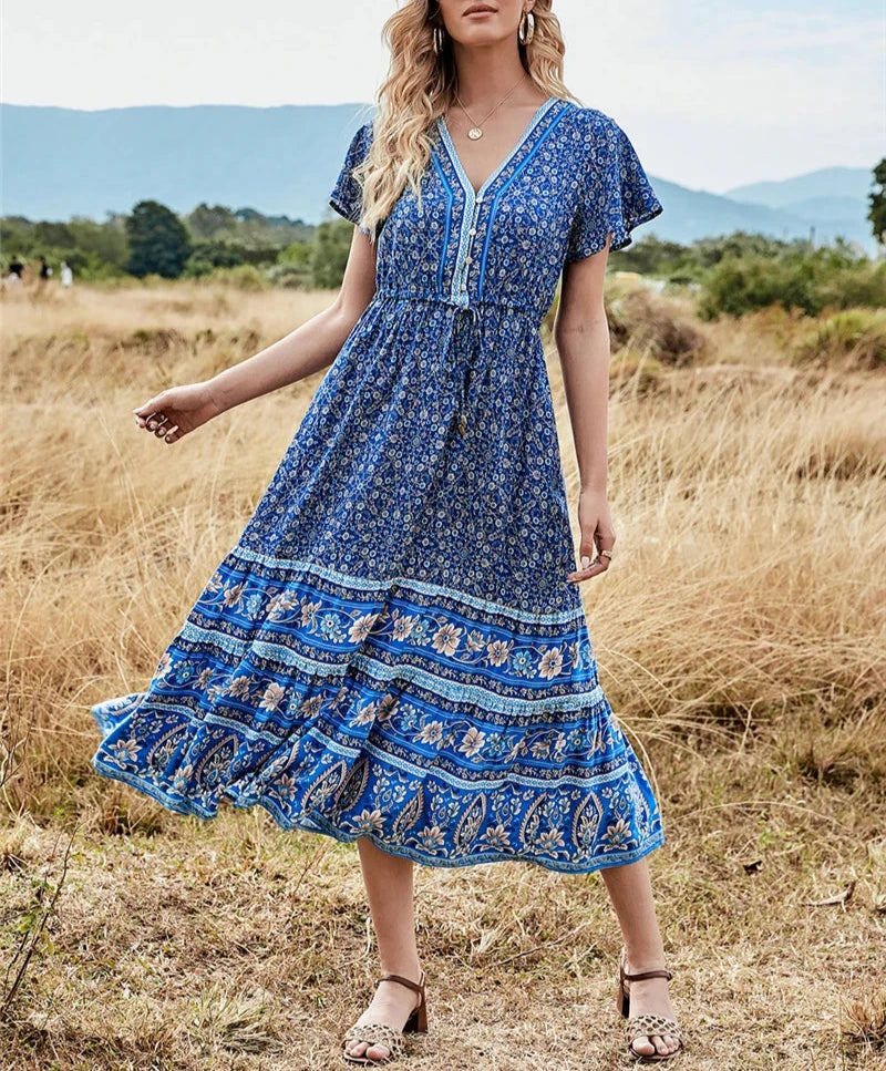 Meadowland Boho Floral Print Midi Dress