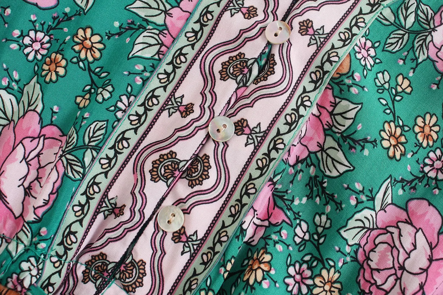 Teal Garden Boho Floral Print Midi Dress