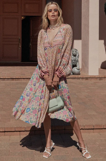 Pink Wonderland Boho Floral Print Long Sleeve Maxi Dress