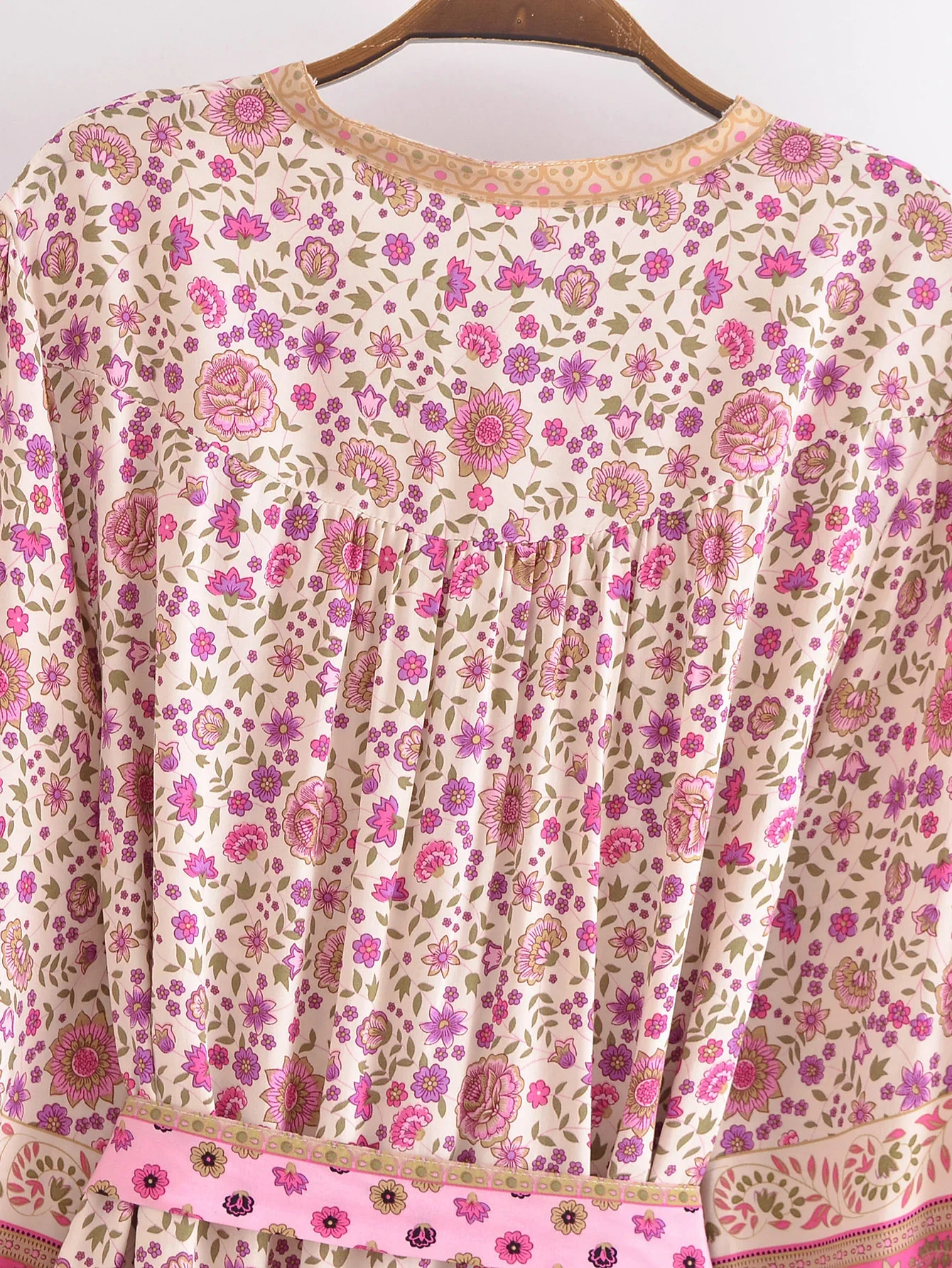 Pink Whimsy Boho Floral Print Long Sleeve Mini Dress
