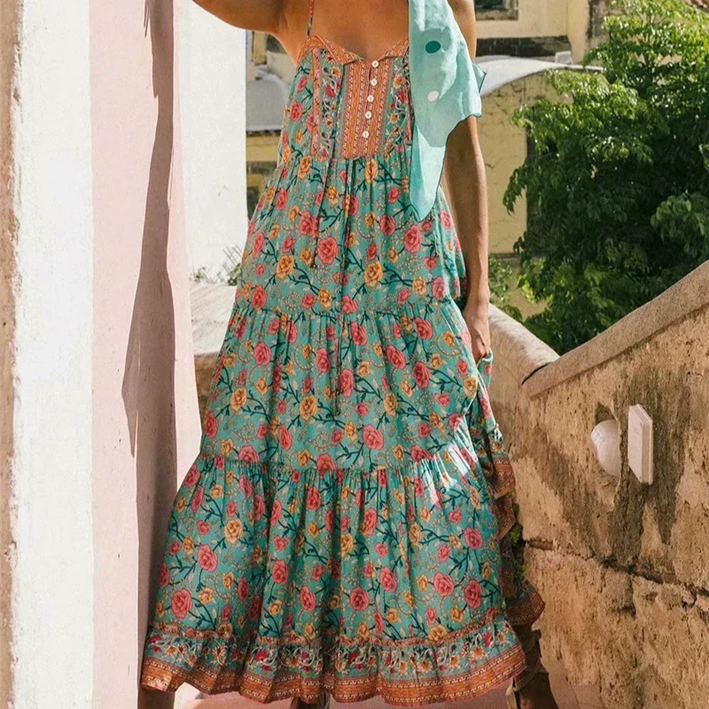 Ocean Jewel Boho Floral Print Midi Dress