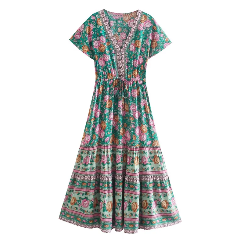 Teal Garden Boho Floral Print Midi Dress