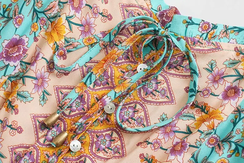 Teal Bloom Boho Floral Print Midi Dress