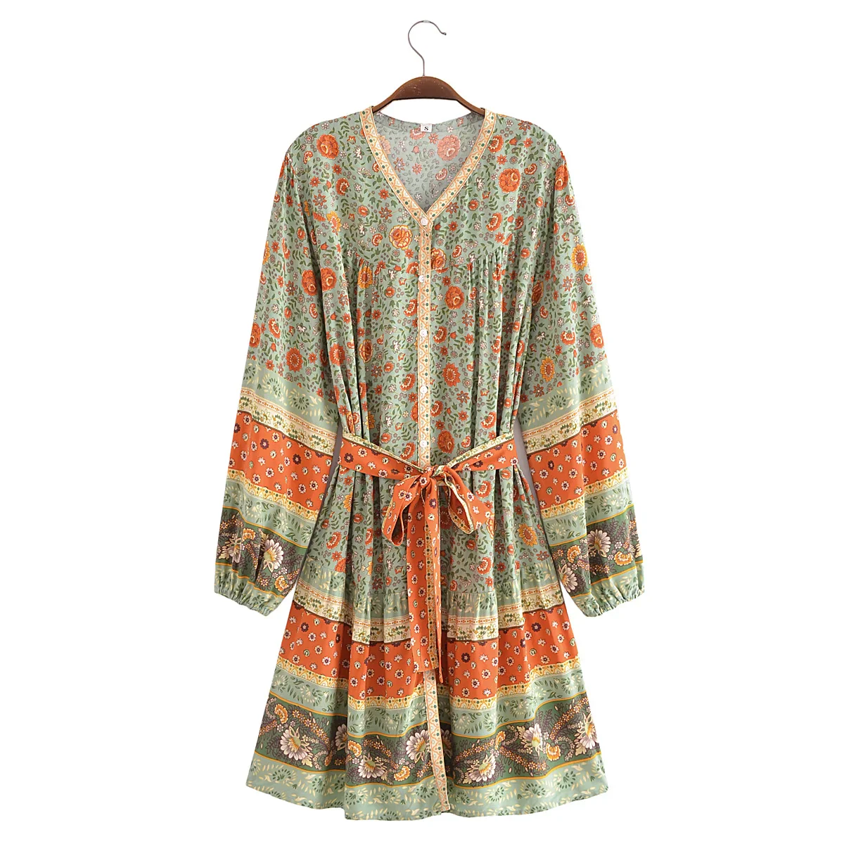 Green Whimsy Boho Floral Print Long Sleeve Mini Dress