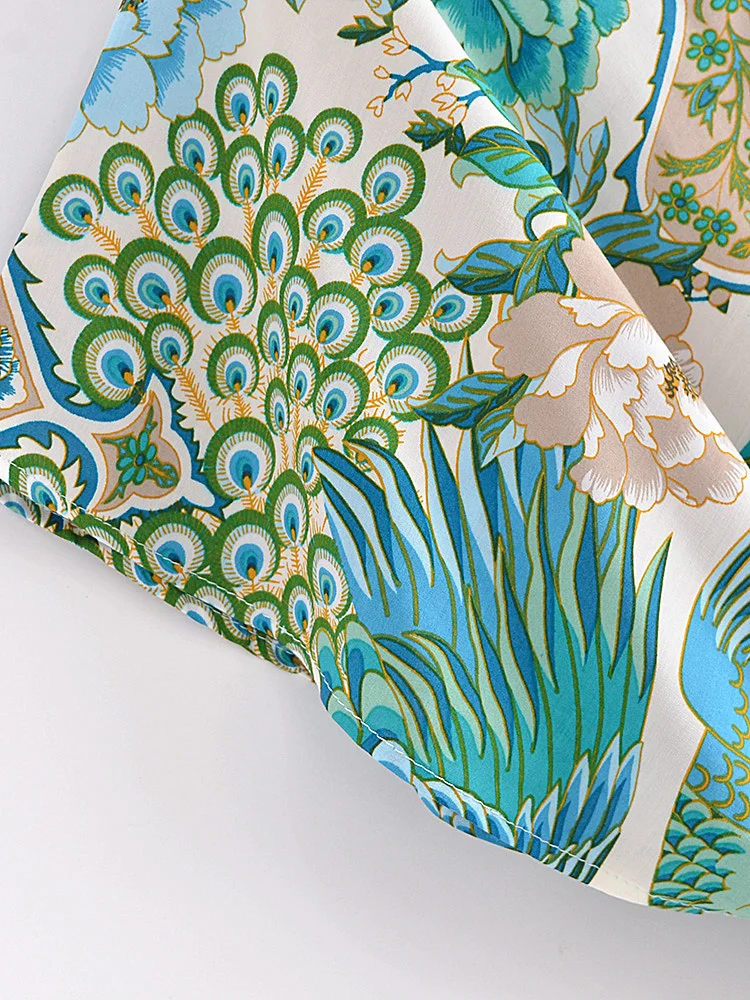 Teal Songbird Boho Floral Print Midi Dress