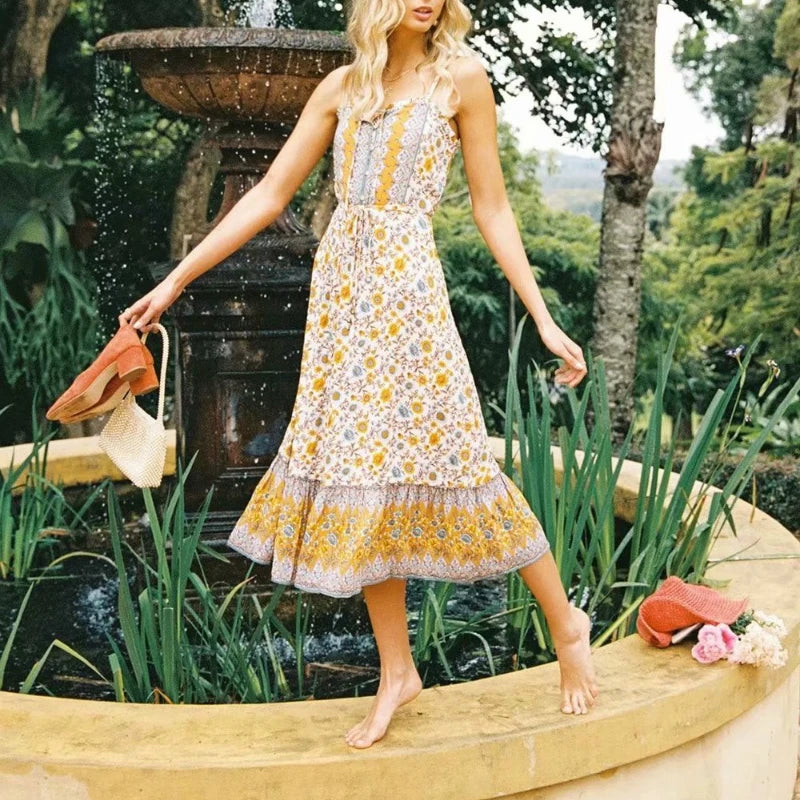 Sunset Bloom Boho Floral Print Midi Dress