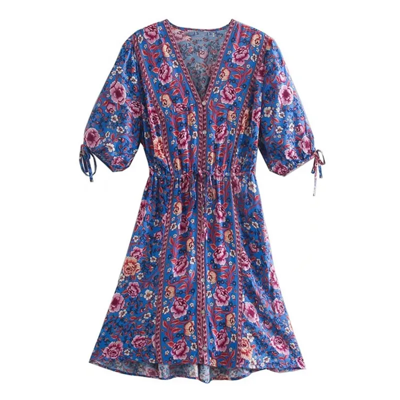 Sapphire Garden Boho Floral Print Mini Dress