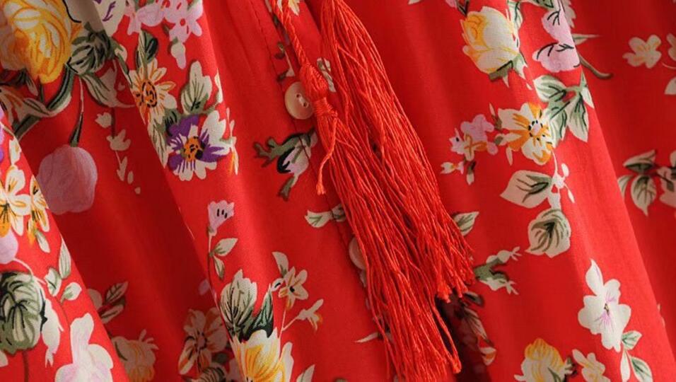 Romantic Red Boho Floral Print Maxi Dress