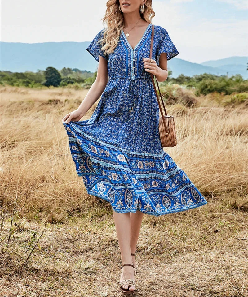 Meadowland Boho Floral Print Midi Dress