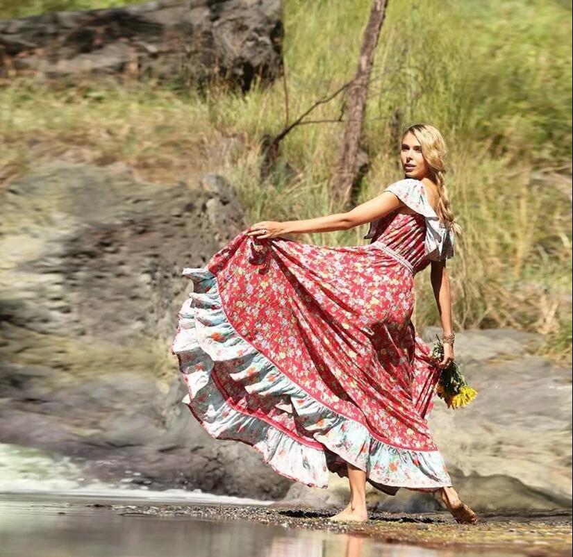 Romantic Red Boho Floral Print Maxi Dress