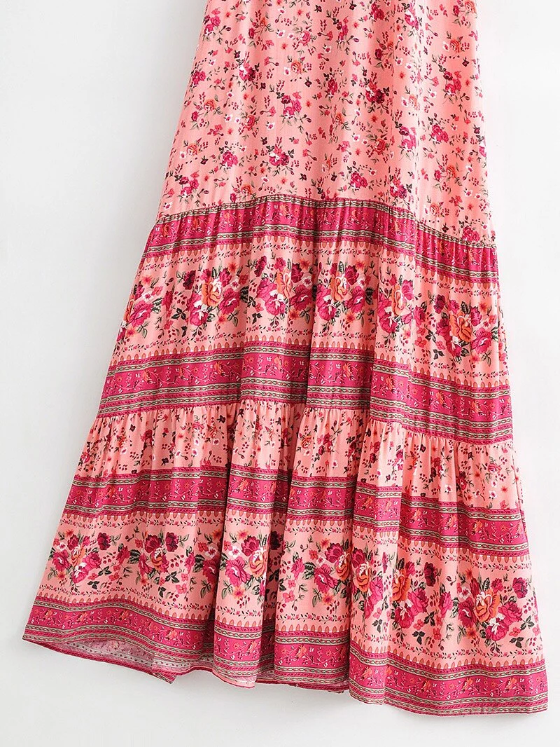 Pink Rose Garden Boho Floral Print Maxi Dress