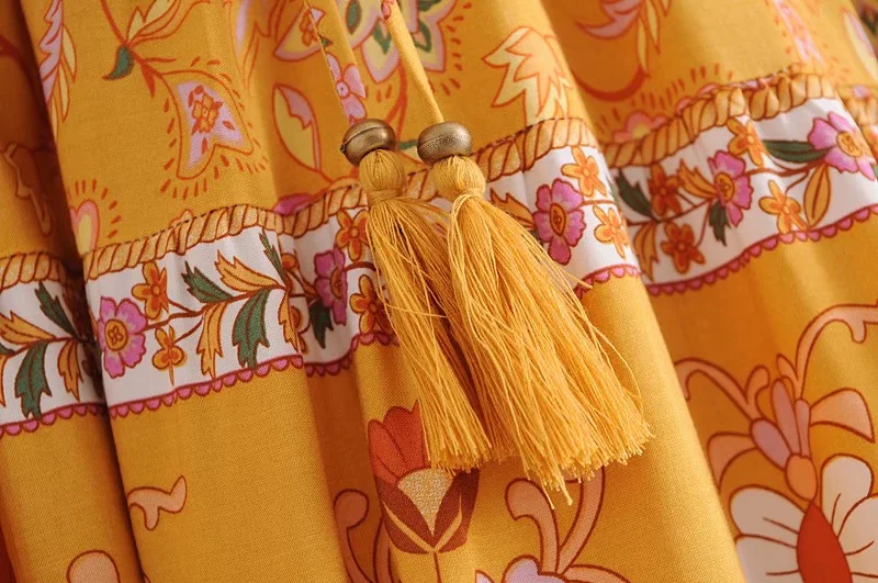 Golden Daffodil Boho Floral Print Mini Dress