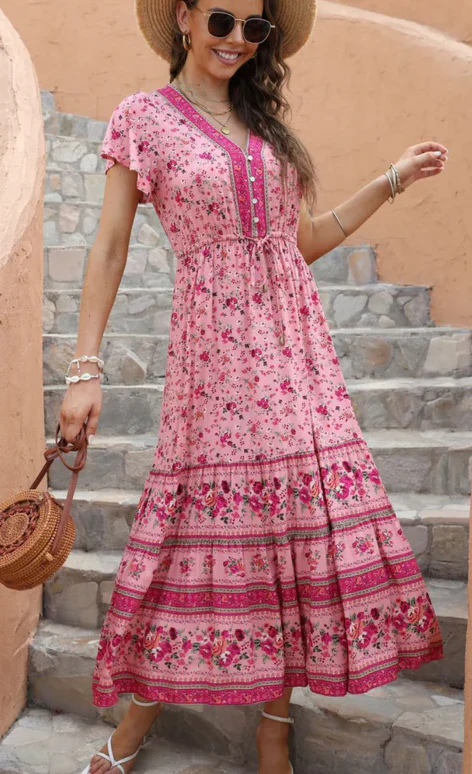 Romantic Rose Boho Floral Print Midi Dress